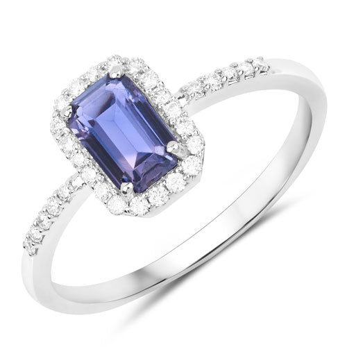 Anillo de oro blanco de 14K con zafiro azul violeta genuino de 1,01 quilates y diamantes blancos