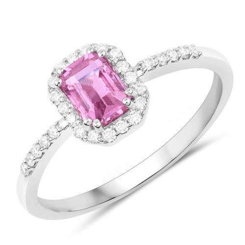 Anillo de oro blanco de 14K con zafiro rosa genuino de 0,99 quilates y diamante blanco