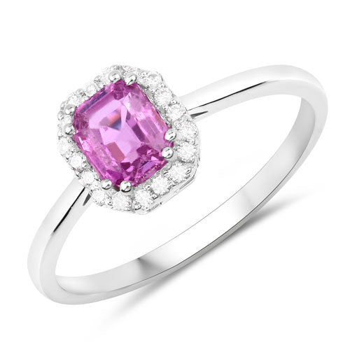Anillo de oro blanco de 14 quilates con zafiro rosa genuino de 1,09 quilates y diamantes blancos