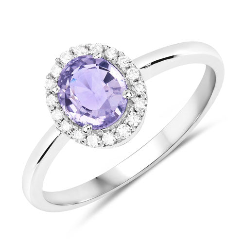 Anillo de oro blanco de 14 quilates con zafiro rosa auténtico de 1,15 quilates y diamantes blancos