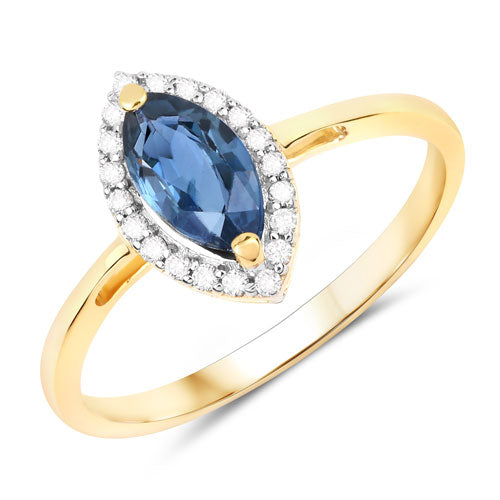 Anillo de oro amarillo de 14K con zafiro azul auténtico de 1.17 quilates y diamantes blancos