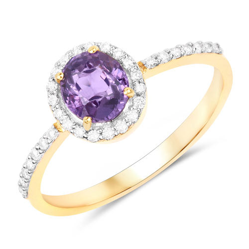 Anillo de Oro Amarillo de 14K con Zafiro Rosa Púrpura Genuino de 1.16 Quilates y Diamantes Blancos