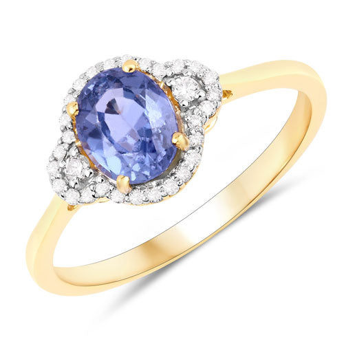 Anillo de oro amarillo de 14K con zafiro azul genuino de 1.27 quilates y diamantes blancos