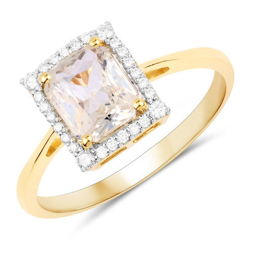 Anillo de oro amarillo de 14 quilates con zafiro blanco genuino de 1,63 quilates y diamantes blancos
