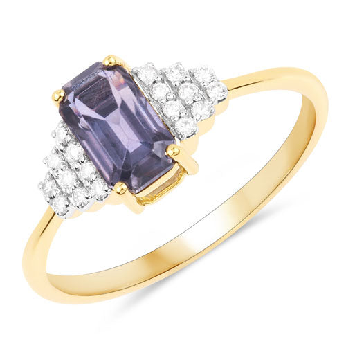 Anillo de oro amarillo de 14 quilates con zafiro morado parduzco genuino de 1,31 quilates y diamante blanco