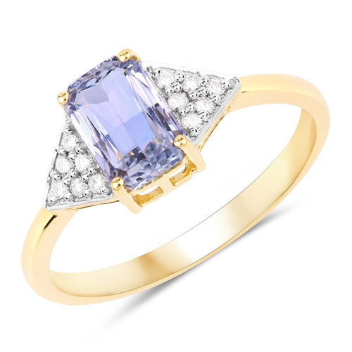 Anillo de oro amarillo de 14K con zafiro azul genuino de 1,47 quilates y diamantes blancos