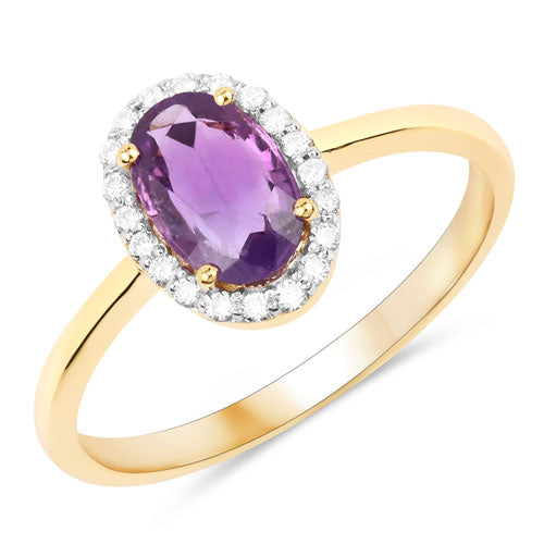 Anillo de oro amarillo de 14K con zafiro rosa morado genuino de 1,24 quilates y diamante blanco