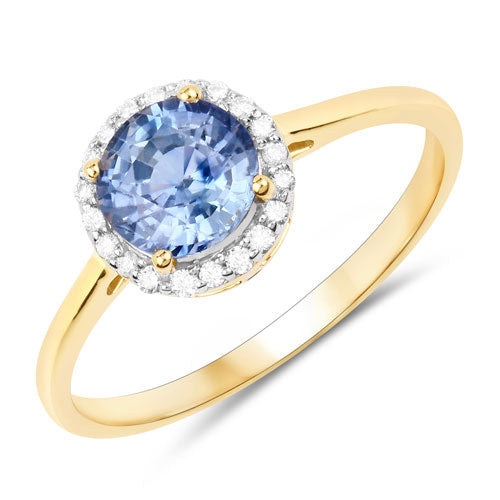 Anillo de oro amarillo de 14K con zafiro azul genuino de 1.35 quilates y diamantes blancos