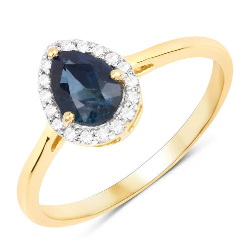 Anillo de oro amarillo de 14K con zafiro azul genuino de 1.22 quilates y diamantes blancos