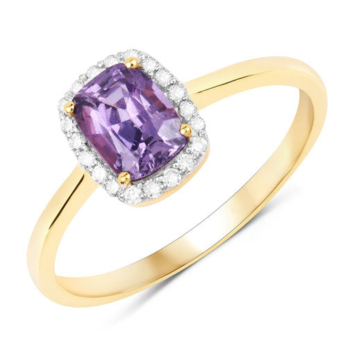 Anillo de Oro Amarillo de 14K con Zafiro Rosa Púrpura Genuino de 1.16 Quilates y Diamantes Blancos