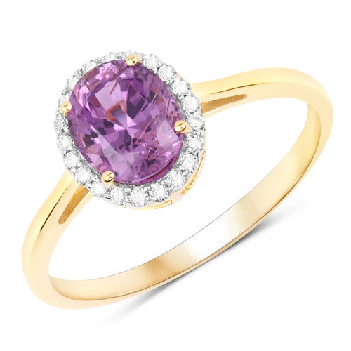 Anillo de oro amarillo de 14K con zafiro rosa genuino de 1.63 quilates y diamantes blancos