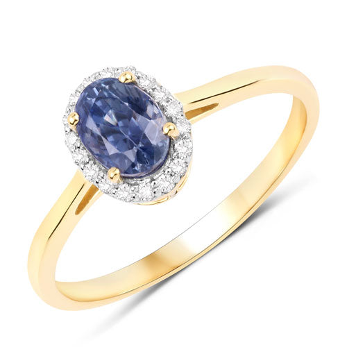 Anillo de oro amarillo de 14K con zafiro azul genuino de 1.15 quilates y diamantes blancos