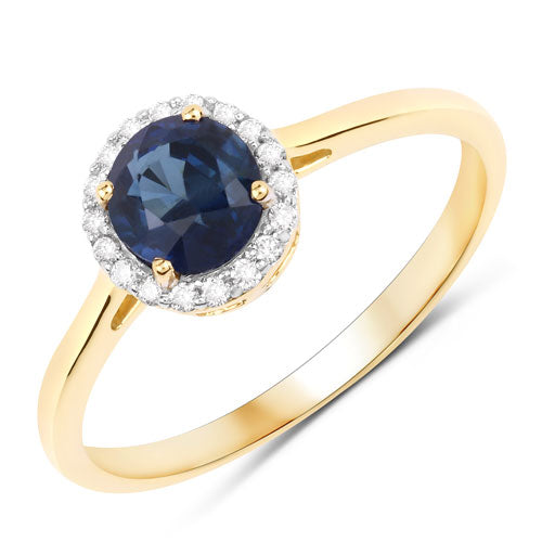 Anillo de oro amarillo de 14 quilates con zafiro azul auténtico de 1,07 quilates y diamantes blancos
