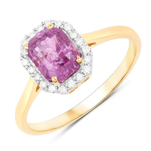 Anillo de oro amarillo de 14 quilates con zafiro rosa auténtico de 1,91 quilates y diamantes blancos