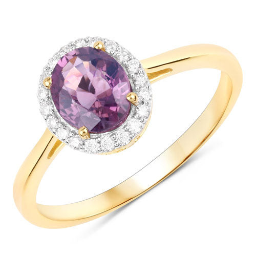 Anillo de oro amarillo de 14 quilates con zafiro rosa púrpura auténtico de 1,26 quilates y diamantes blancos