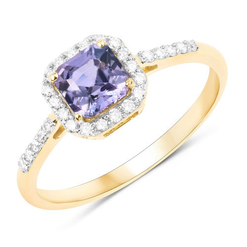 Anillo de oro amarillo de 14 quilates con zafiro morado rosado genuino de 1,27 quilates y diamantes blancos