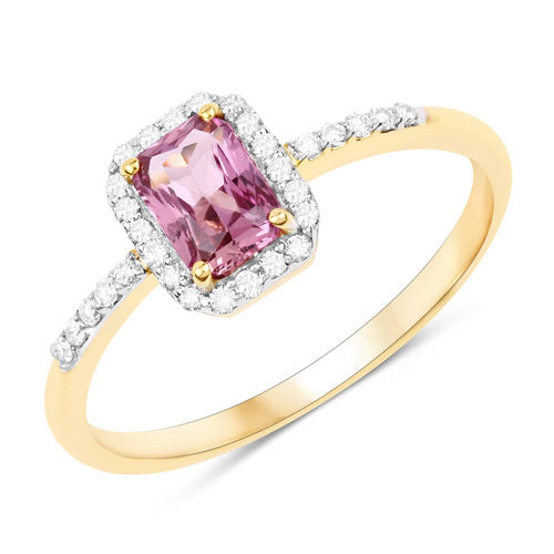 Anillo de oro amarillo de 14K con zafiro rosa auténtico de 0,90 quilates y diamantes blancos