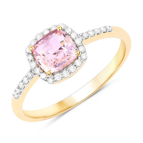 Anillo de oro amarillo de 14 quilates con zafiro rosa auténtico de 1,13 quilates y diamante blanco