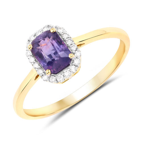 Anillo de oro amarillo de 14K con zafiro azul morado genuino de 1.11 quilates y diamantes blancos