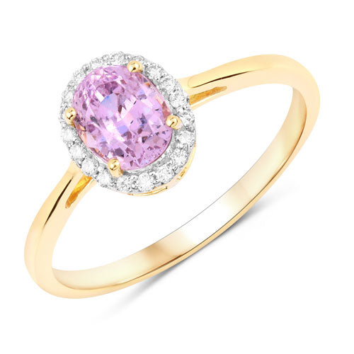 Anillo de oro amarillo de 14K con zafiro rosa natural de 1,31 quilates y diamantes blancos