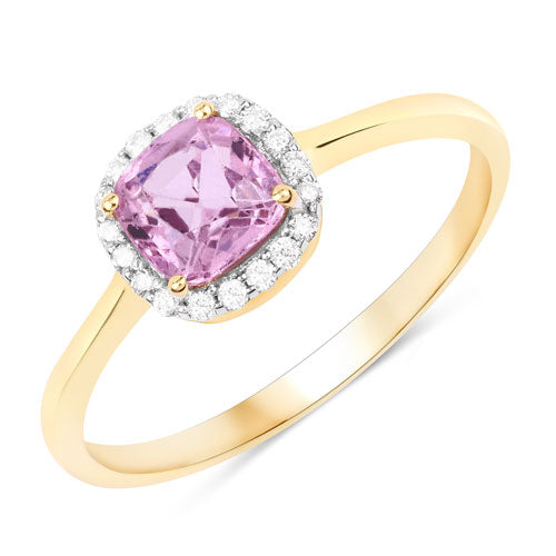 Anillo de oro amarillo de 14 quilates con espinela rosa auténtica de 1,09 quilates y diamantes blancos