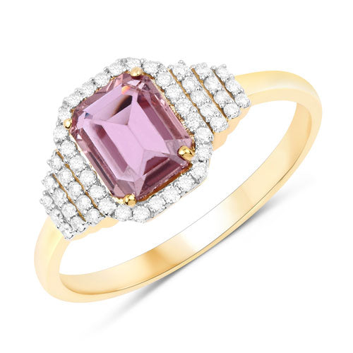 Anillo de oro amarillo de 14 quilates con zafiro rosa auténtico de 1,34 quilates y diamantes blancos