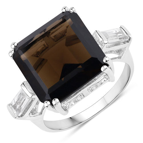 Anillo de plata de ley .925 con topacio blanco y cuarzo ahumado genuino de 8.80 quilates