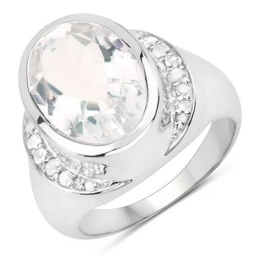 Anillo de plata de ley .925 con 5.38 quilates de cuarzo cristalino auténtico y diamantes blancos