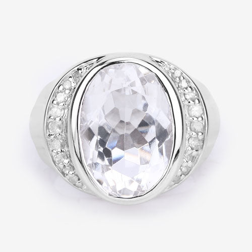 Anillo de plata de ley .925 con 5.38 quilates de cuarzo cristalino auténtico y diamantes blancos