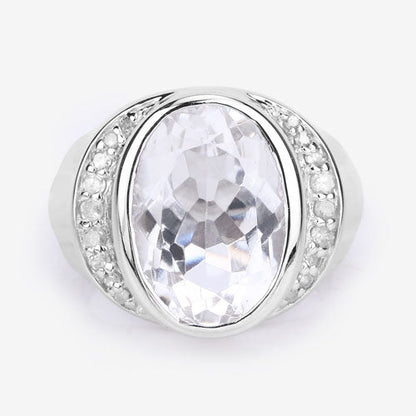 Anillo de plata de ley .925 con 5.38 quilates de cuarzo cristalino auténtico y diamantes blancos