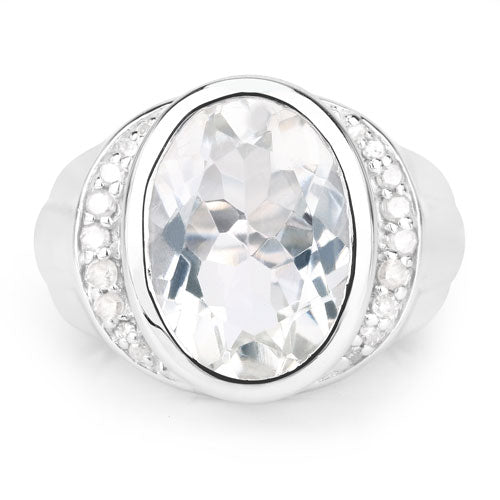 Anillo de plata de ley .925 con 5.38 quilates de cuarzo cristalino auténtico y diamantes blancos