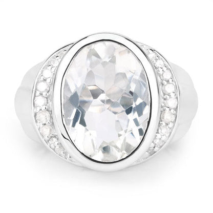 Anillo de plata de ley .925 con 5.38 quilates de cuarzo cristalino auténtico y diamantes blancos