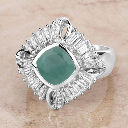 Anillo de plata de ley .925 con auténtica esmeralda de 2.57 quilates, topacio blanco y diamante blanco