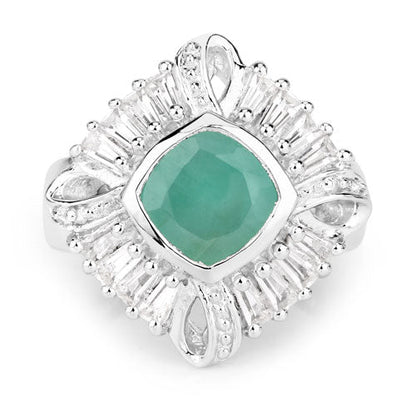 Anillo de plata de ley .925 con auténtica esmeralda de 2.57 quilates, topacio blanco y diamante blanco