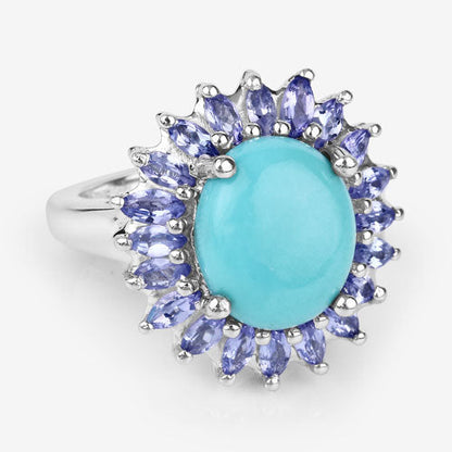 Anillo de plata de ley .925 con larimar y tanzanita genuinos de 6.10 quilates