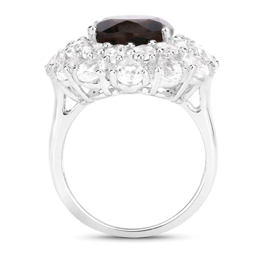 Anillo de plata esterlina .925 con cuarzo ahumado y topacio blanco genuinos de 9,29 quilates