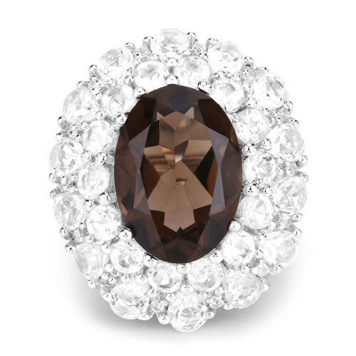 Anillo de plata esterlina .925 con cuarzo ahumado y topacio blanco genuinos de 9,29 quilates