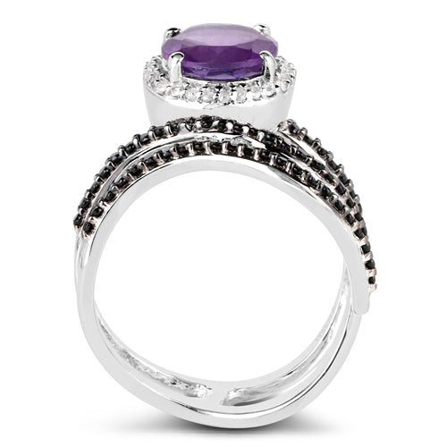 Anillo de Plata de Ley .925 con Amatista Genuina de 2.31 Quilates, Espinela Negra y Diamante Blanco