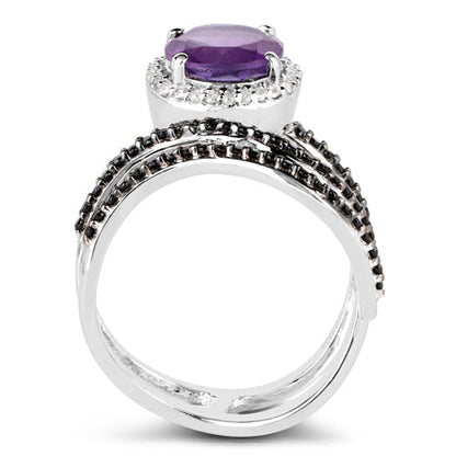 Anillo de Plata de Ley .925 con Amatista Genuina de 2.31 Quilates, Espinela Negra y Diamante Blanco