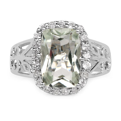 Anillo de plata de ley .925 con amatista verde genuina de 3.94 quilates y topacio blanco