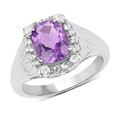 Anillo de plata de ley .925 con amatista genuina de 2.13 quilates y topacio blanco