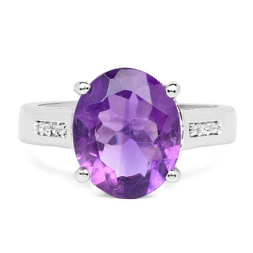 Anillo de Plata Fina .925 con Amatista Genuina y Topacio Blanco de 3.84 Quilates