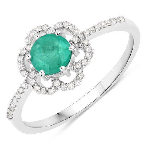 Anillo de oro blanco de 14K con esmeralda zambiana auténtica de 0,55 quilates y diamantes blancos