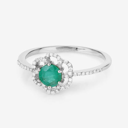 Anillo de oro blanco de 14K con esmeralda zambiana auténtica de 0,55 quilates y diamantes blancos