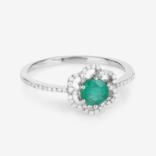 Anillo de oro blanco de 14K con esmeralda zambiana auténtica de 0,55 quilates y diamantes blancos