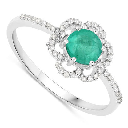 Anillo de oro blanco de 14K con esmeralda zambiana auténtica de 0,55 quilates y diamantes blancos