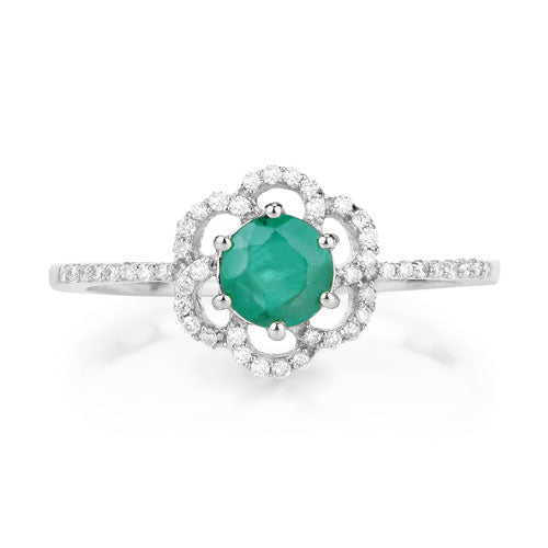 Anillo de oro blanco de 14K con esmeralda zambiana auténtica de 0,55 quilates y diamantes blancos