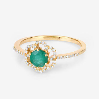 Anillo de oro amarillo de 14 quilates con esmeralda zambiana genuina de 0,55 quilates y diamante blanco