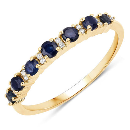 Anillo de oro amarillo de 14K con zafiro azul genuino de 0,43 quilates y diamantes blancos