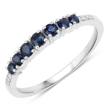 Anillo de oro blanco de 14 quilates con zafiro azul genuino de 0,45 quilates y diamantes blancos